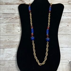 1928 Elegant Gold and Blue Necklace with Red Accents